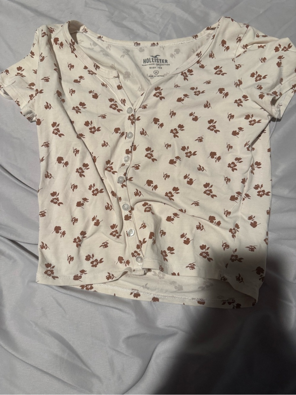Hollister Cream Short Sleeve Button-Front Tee with Brown Floral Print